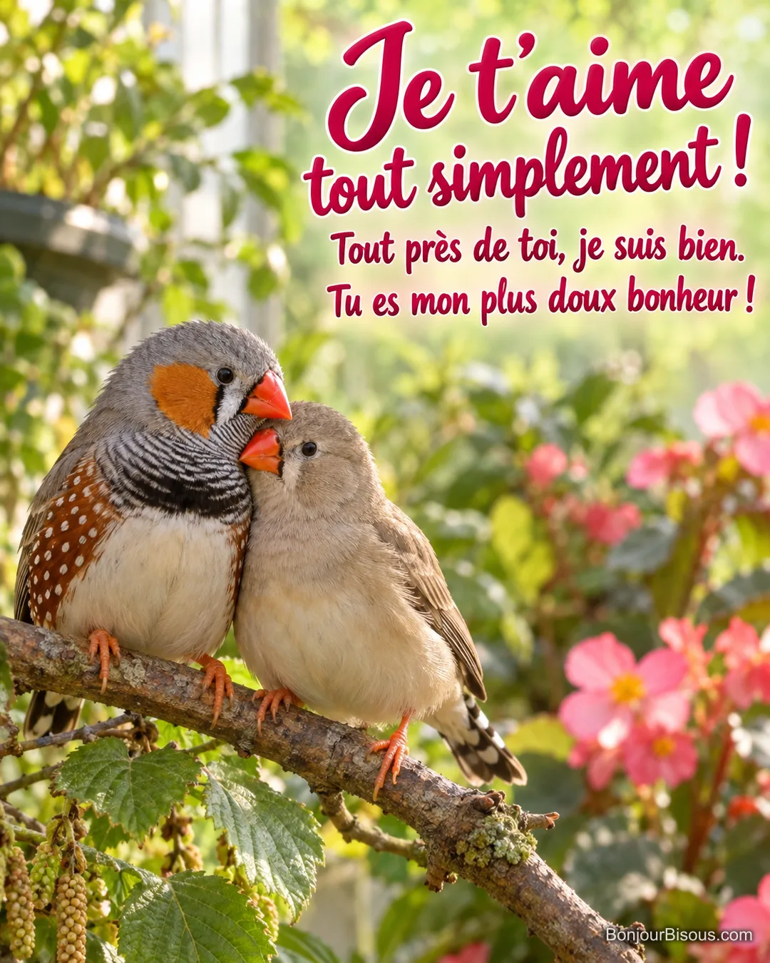 Deux diamants mandarins, l’un gris aux joues orange et l’autre beige, se blottissent sur une branche, avec le texte « Je t’aime tout simplement ! Tout près de toi, je suis bien. Tu es mon plus doux bonheur ! ». Deux diamants mandarins, l’un gris aux joues orange et l’autre beige, se blottissent sur une branche, avec le texte « Je t’aime tout simplement ! Tout près de toi, je suis bien. Tu es mon plus doux bonheur ! ».