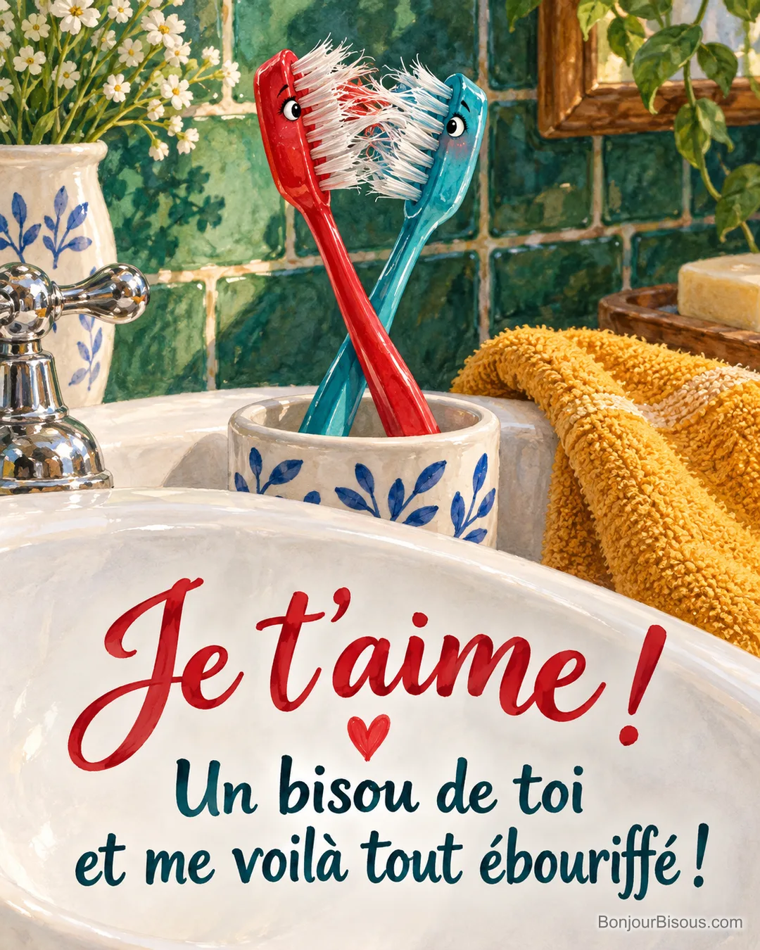 Deux brosses à dents rouge et turquoise se font un bisou qui ébouriffe leurs poils. Le message est : « Je t’aime ! Un bisou de toi et me voilà tout ébouriffé ! ».