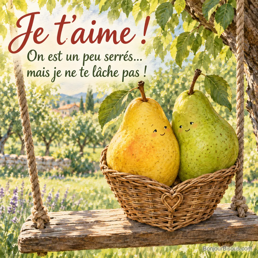 Deux poires complices se serrent dans un minuscule panier en cœur sur une balancelle de verger. Le message est : « Je t’aime ! On est un peu serrés… mais je ne te lâche pas ! ».
