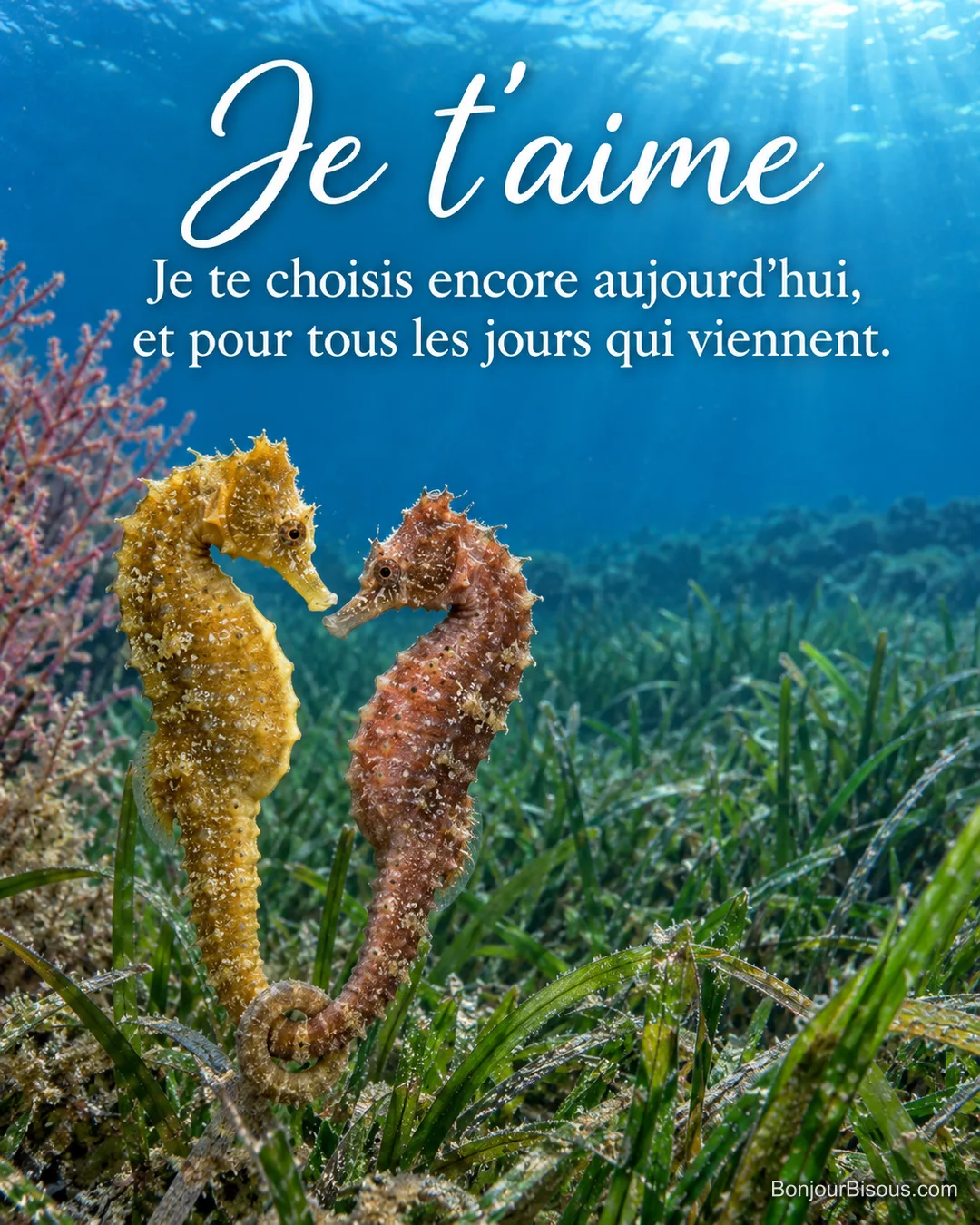 Deux hippocampes aux couleurs distinctes joignent doucement leurs queues dans un herbier méditerranéen. Le message est : « Je t’aime Je te choisis encore aujourd’hui, et pour tous les jours qui viennent. ».