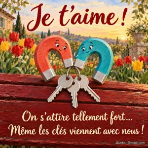 Deux aimants amoureux attirent trois grandes clés argentées sur un banc de jardin. Le message est : « Je t’aime ! On s’attire tellement fort… Même les clés viennent avec nous ! ».
