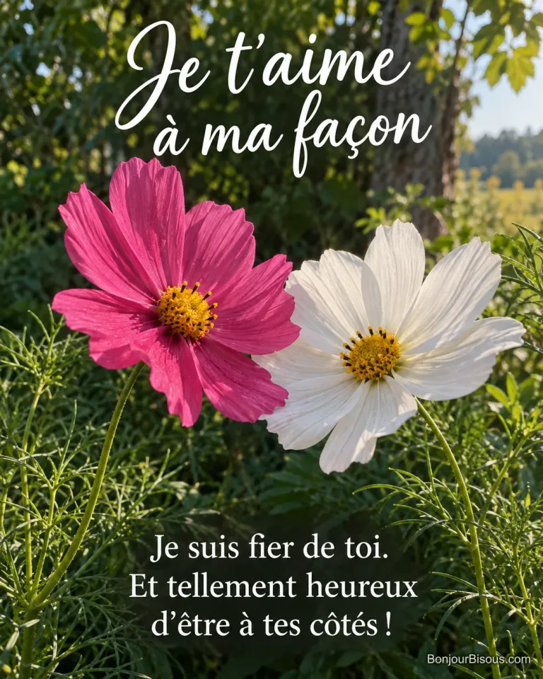 Un cosmos framboise et un cosmos blanc se touchent doucement dans le jardin. Le message est : « Je t’aime à ma façon Je suis fier de toi. Et tellement heureux d’être à tes côtés ! ».