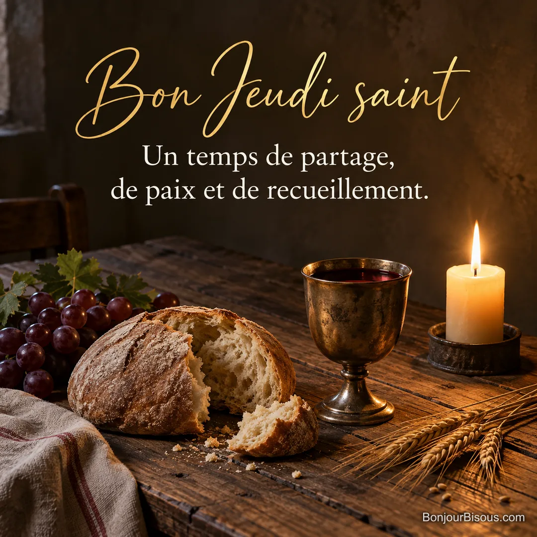 Photo en clair-obscur d’un pain rond rompu, d’une coupe de vin, de raisins, d’épis de blé et d’une bougie allumée sur une table en bois ancien, avec le texte « Bon Jeudi saint – Un temps de partage, de paix et de recueillement. » Photo en clair-obscur d’un pain rond rompu, d’une coupe de vin, de raisins, d’épis de blé et d’une bougie allumée sur une table en bois ancien, avec le texte « Bon Jeudi saint – Un temps de partage, de paix et de recueillement. »