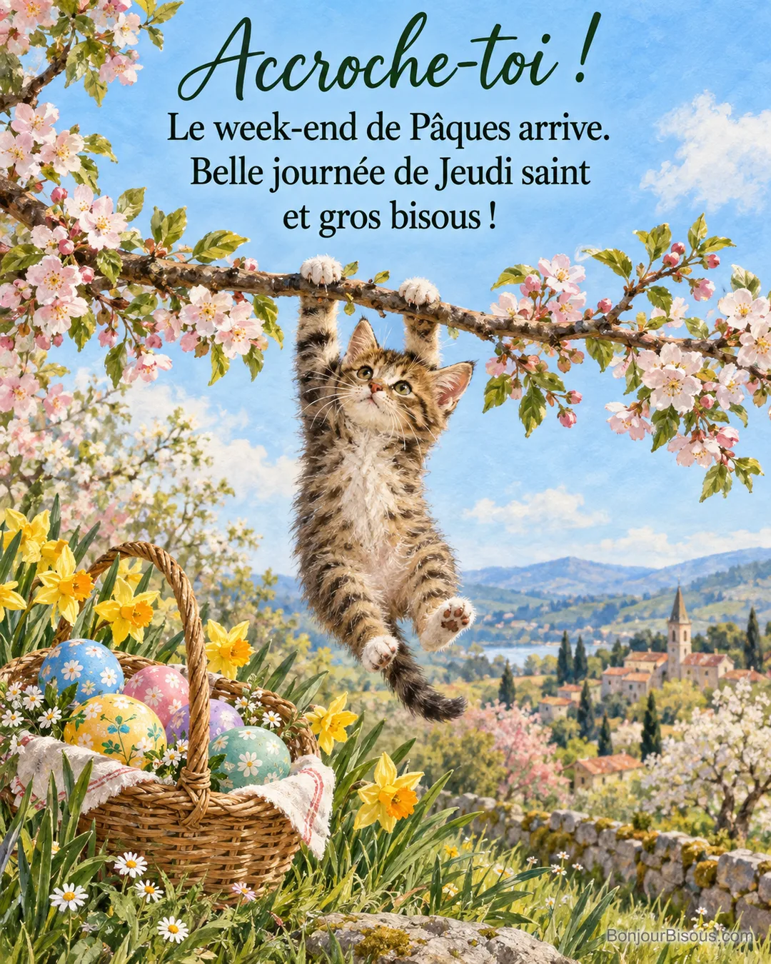 Peinture d’un chaton tigré suspendu par les pattes à une branche de cerisier fleurie, un panier d’œufs de Pâques et des jonquilles en dessous, village au loin, avec le texte « Accroche-toi ! Le week-end de Pâques arrive. Belle journée de Jeudi saint et gros bisous ! » Peinture d’un chaton tigré suspendu par les pattes à une branche de cerisier fleurie, un panier d’œufs de Pâques et des jonquilles en dessous, village au loin, avec le texte « Accroche-toi ! Le week-end de Pâques arrive. Belle journée de Jeudi saint et gros bisous ! »