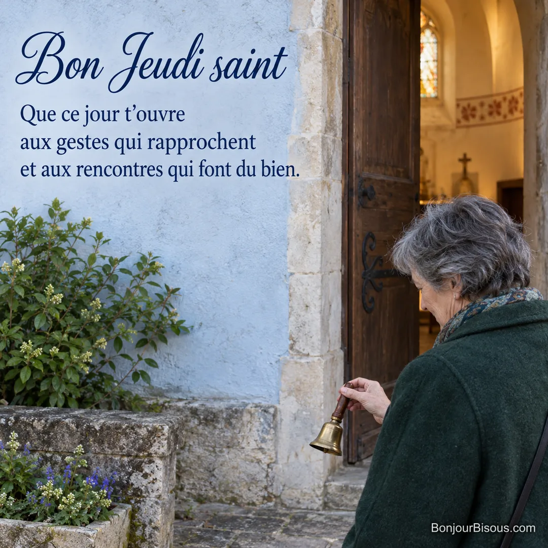 Une femme tient une petite cloche à main sur le seuil d’une chapelle au matin du Jeudi saint, avec le texte « Bon Jeudi saint Que ce jour t’ouvre aux gestes qui rapprochent et aux rencontres qui font du bien. ». Une femme tient une petite cloche à main sur le seuil d’une chapelle au matin du Jeudi saint, avec le texte « Bon Jeudi saint Que ce jour t’ouvre aux gestes qui rapprochent et aux rencontres qui font du bien. ».