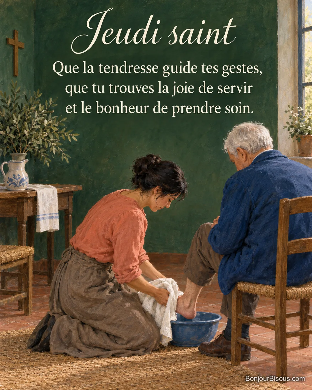 Une femme sèche doucement le pied d’un homme âgé au-dessus d’un bassin, dans un geste de service, avec le texte « Jeudi saint Que la tendresse guide tes gestes, que tu trouves la joie de servir et le bonheur de prendre soin. ». Une femme sèche doucement le pied d’un homme âgé au-dessus d’un bassin, dans un geste de service, avec le texte « Jeudi saint Que la tendresse guide tes gestes, que tu trouves la joie de servir et le bonheur de prendre soin. ».