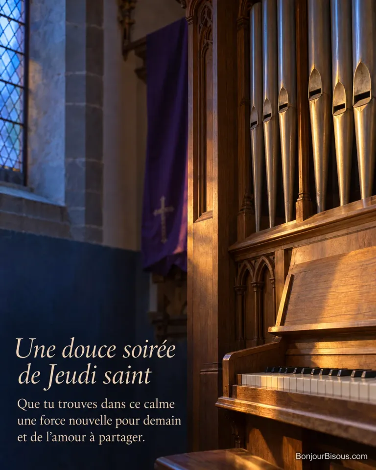 Les tuyaux et le clavier d’un orgue d’église brillent sous une lumière dorée, le soir du Jeudi saint, avec le texte « Une douce soirée de Jeudi saint Que tu trouves dans ce calme une force nouvelle pour demain et de l’amour à partager. ».