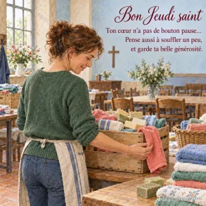 Une bénévole rattrape une serviette qui dépasse d’une caisse de savons et de linge destinée à une collecte solidaire, avec le texte « Bon Jeudi saint Ton cœur n’a pas de bouton pause… Pense aussi à souffler un peu, et garde ta belle générosité. ».