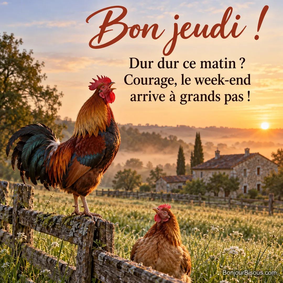 Photo d’un coq roux et vert qui chante sur une barrière en bois au lever du soleil, une poule en dessous et une ferme en pierre dans la brume, avec le texte « Bon jeudi ! Dur dur ce matin ? Courage, le week-end arrive à grands pas ! »