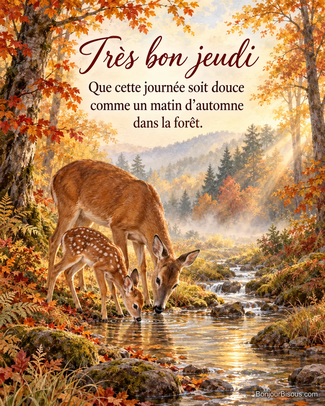 Peinture d’une biche et de son faon qui boivent dans un ruisseau de forêt en automne, feuillage doré et rayons de soleil dans la brume, avec le texte « Très bon jeudi – Que cette journée soit douce comme un matin d’automne dans la forêt. » Peinture d’une biche et de son faon qui boivent dans un ruisseau de forêt en automne, feuillage doré et rayons de soleil dans la brume, avec le texte « Très bon jeudi – Que cette journée soit douce comme un matin d’automne dans la forêt. »