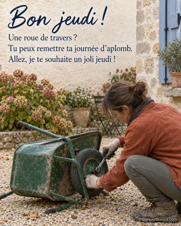 Une femme répare la roue d’une brouette verte dans une cour bretonne. Texte : « Bon jeudi ! Une roue de travers ? Tu peux remettre ta journée d’aplomb. Allez, je te souhaite un joli jeudi ! ».