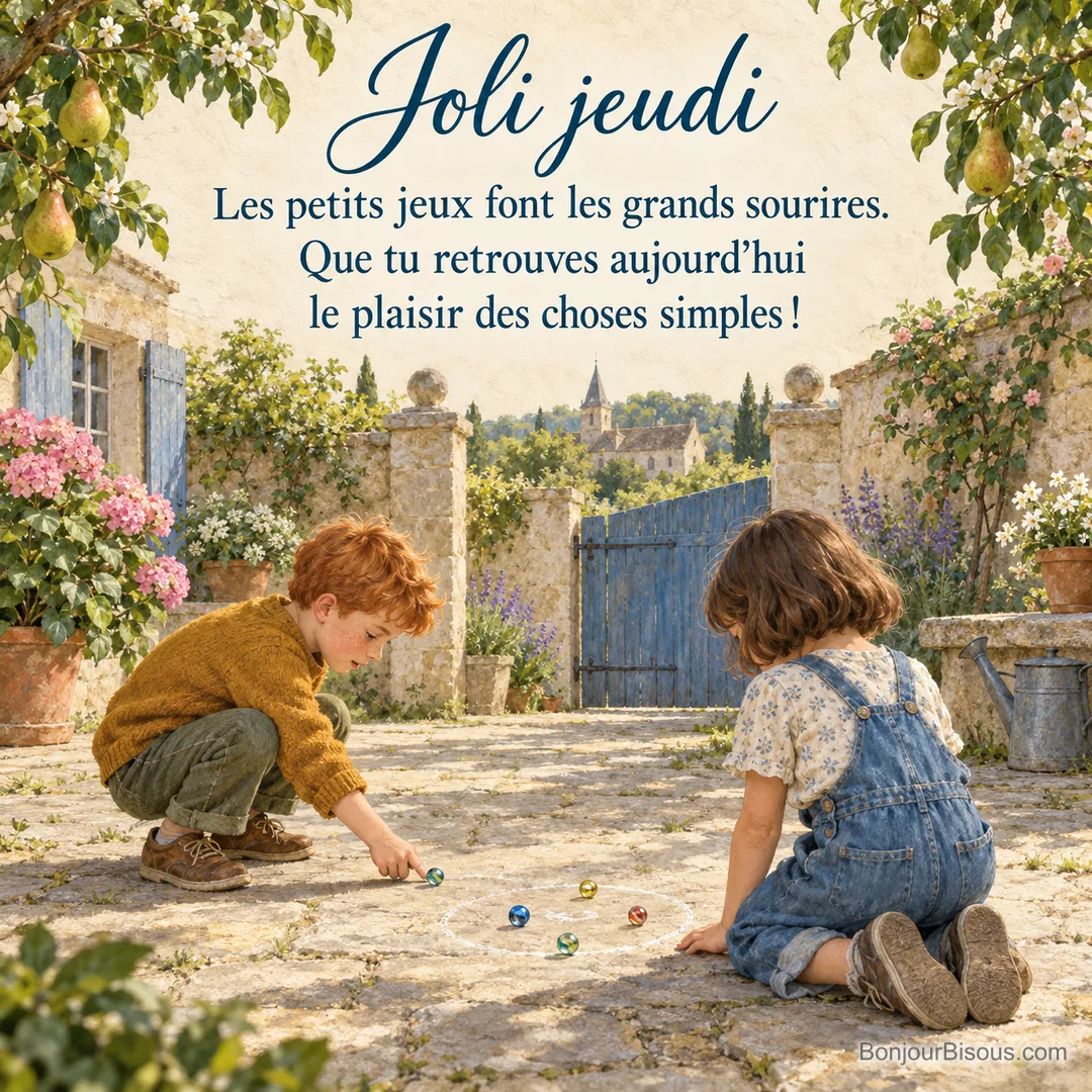 Deux enfants jouent aux billes dans une petite cour de village en Touraine. Texte : « Joli jeudi Les petits jeux font les grands sourires. Que tu retrouves aujourd’hui le plaisir des choses simples ! ». Deux enfants jouent aux billes dans une petite cour de village en Touraine. Texte : « Joli jeudi Les petits jeux font les grands sourires. Que tu retrouves aujourd’hui le plaisir des choses simples ! ».