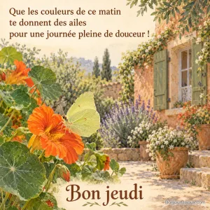 Un papillon citron se pose sur une capucine orange dans un jardin provençal. Texte : « Bon jeudi Que les couleurs de ce matin te donnent des ailes pour une journée pleine de douceur ! ».