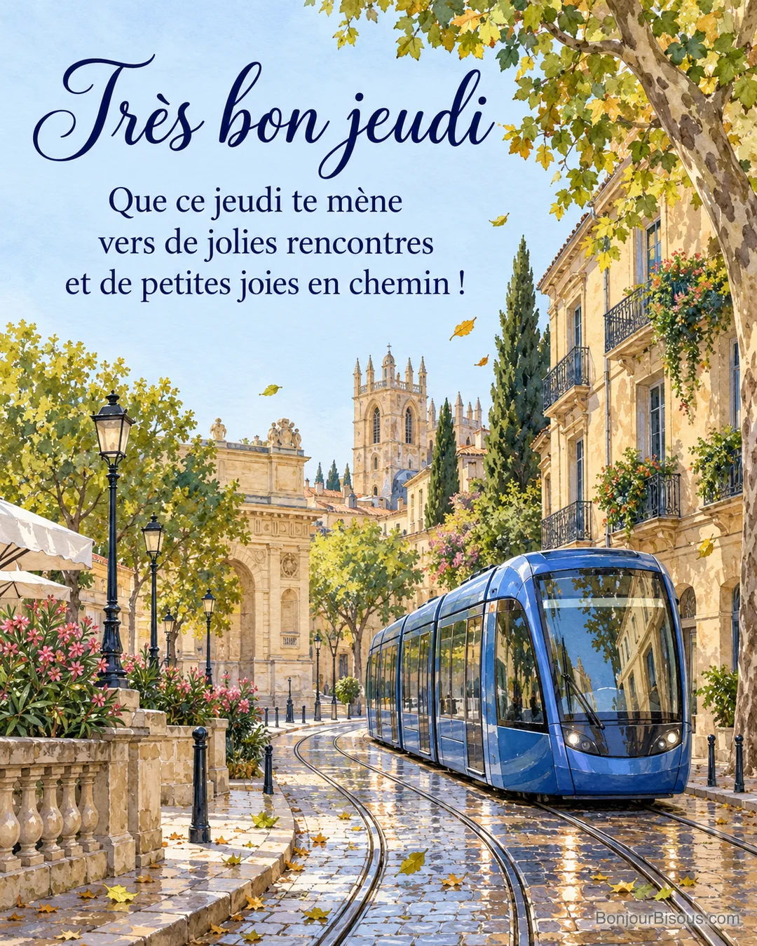 Un tramway bleu traverse une rue de Montpellier bordée de platanes et de façades ocres. Texte : « Très bon jeudi Que ce jeudi te mène vers de jolies rencontres et de petites joies en chemin ! ». Un tramway bleu traverse une rue de Montpellier bordée de platanes et de façades ocres. Texte : « Très bon jeudi Que ce jeudi te mène vers de jolies rencontres et de petites joies en chemin ! ».