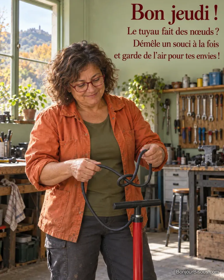 Une mécanicienne démêle le tuyau d’une pompe à pied rouge dans son atelier auvergnat, avec le texte « Bon jeudi ! Le tuyau fait des nœuds ? Démêle un souci à la fois et garde de l’air pour tes envies ! ».
