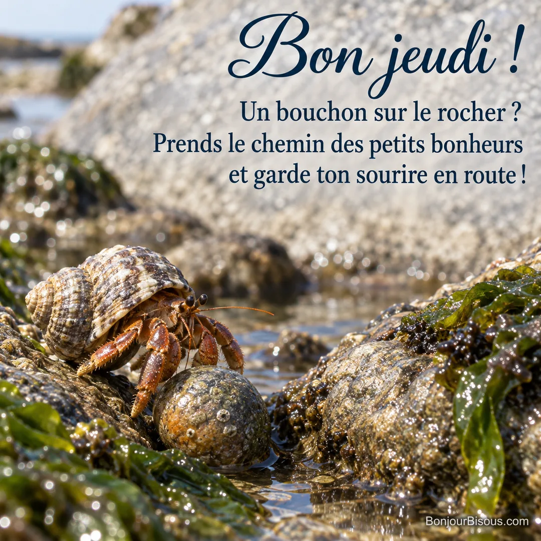 Un bernard-l’ermite contourne un petit galet qui lui barre le passage entre des pierres du littoral vendéen, avec le texte « Bon jeudi ! Un bouchon sur le rocher ? Prends le chemin des petits bonheurs et garde ton sourire en route ! ». Un bernard-l’ermite contourne un petit galet qui lui barre le passage entre des pierres du littoral vendéen, avec le texte « Bon jeudi ! Un bouchon sur le rocher ? Prends le chemin des petits bonheurs et garde ton sourire en route ! ».