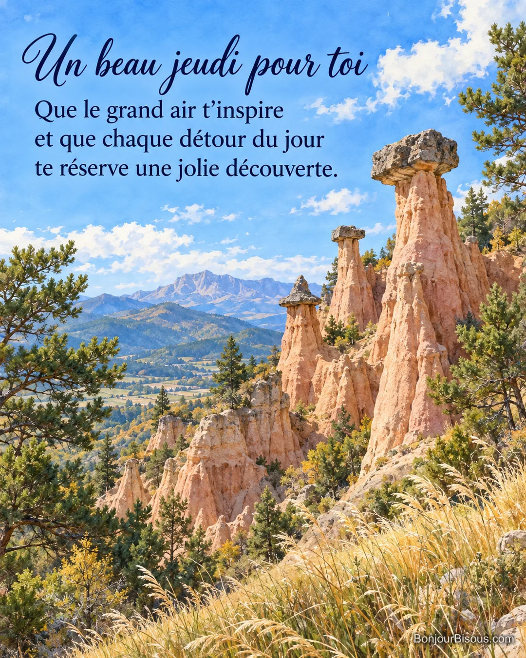 Des cheminées de fée ocres dominent des graminées animées par la brise dans les Alpes-de-Haute-Provence, avec le texte « Un beau jeudi pour toi Que le grand air t’inspire et que chaque détour du jour te réserve une jolie découverte. ». Des cheminées de fée ocres dominent des graminées animées par la brise dans les Alpes-de-Haute-Provence, avec le texte « Un beau jeudi pour toi Que le grand air t’inspire et que chaque détour du jour te réserve une jolie découverte. ».
