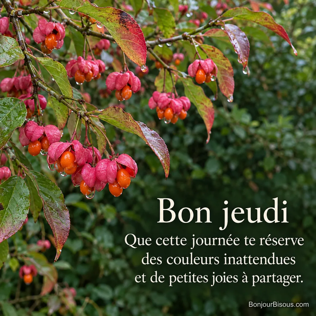 Les fruits rose vif d’un fusain d’Europe révèlent leurs graines orange dans une haie bourguignonne, avec le texte « Bon jeudi Que cette journée te réserve des couleurs inattendues et de petites joies à partager. ». Les fruits rose vif d’un fusain d’Europe révèlent leurs graines orange dans une haie bourguignonne, avec le texte « Bon jeudi Que cette journée te réserve des couleurs inattendues et de petites joies à partager. ».