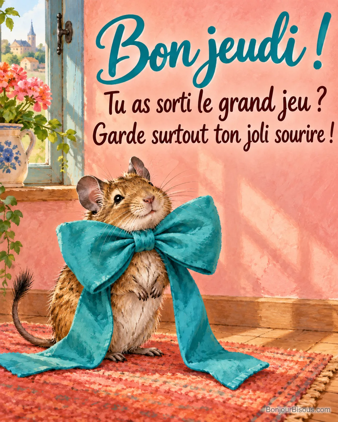 Un octodon porte un nœud papillon turquoise beaucoup trop grand sur un tapis corail, avec le texte « Bon jeudi ! Tu as sorti le grand jeu ? Garde surtout ton joli sourire ! ». Un octodon porte un nœud papillon turquoise beaucoup trop grand sur un tapis corail, avec le texte « Bon jeudi ! Tu as sorti le grand jeu ? Garde surtout ton joli sourire ! ».