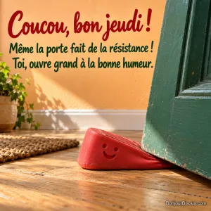Une cale-porte rouge souriante se déforme sous une grande porte verte, avec le texte « Coucou, bon jeudi ! Même la porte fait de la résistance ! Toi, ouvre grand à la bonne humeur. ».