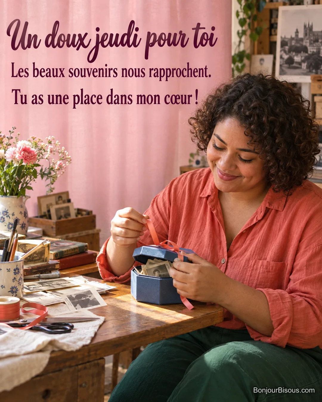 Une jeune restauratrice ferme une boîte bleue de souvenirs avec un ruban corail, avec le texte « Un doux jeudi pour toi Les beaux souvenirs nous rapprochent. Tu as une place dans mon cœur ! ». Une jeune restauratrice ferme une boîte bleue de souvenirs avec un ruban corail, avec le texte « Un doux jeudi pour toi Les beaux souvenirs nous rapprochent. Tu as une place dans mon cœur ! ».