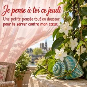 Une vrille de stéphanotis fleuri entoure tendrement une coquille de céramique turquoise, avec le texte « Je pense à toi ce jeudi Une petite pensée tout en douceur pour te serrer contre mon cœur. ».