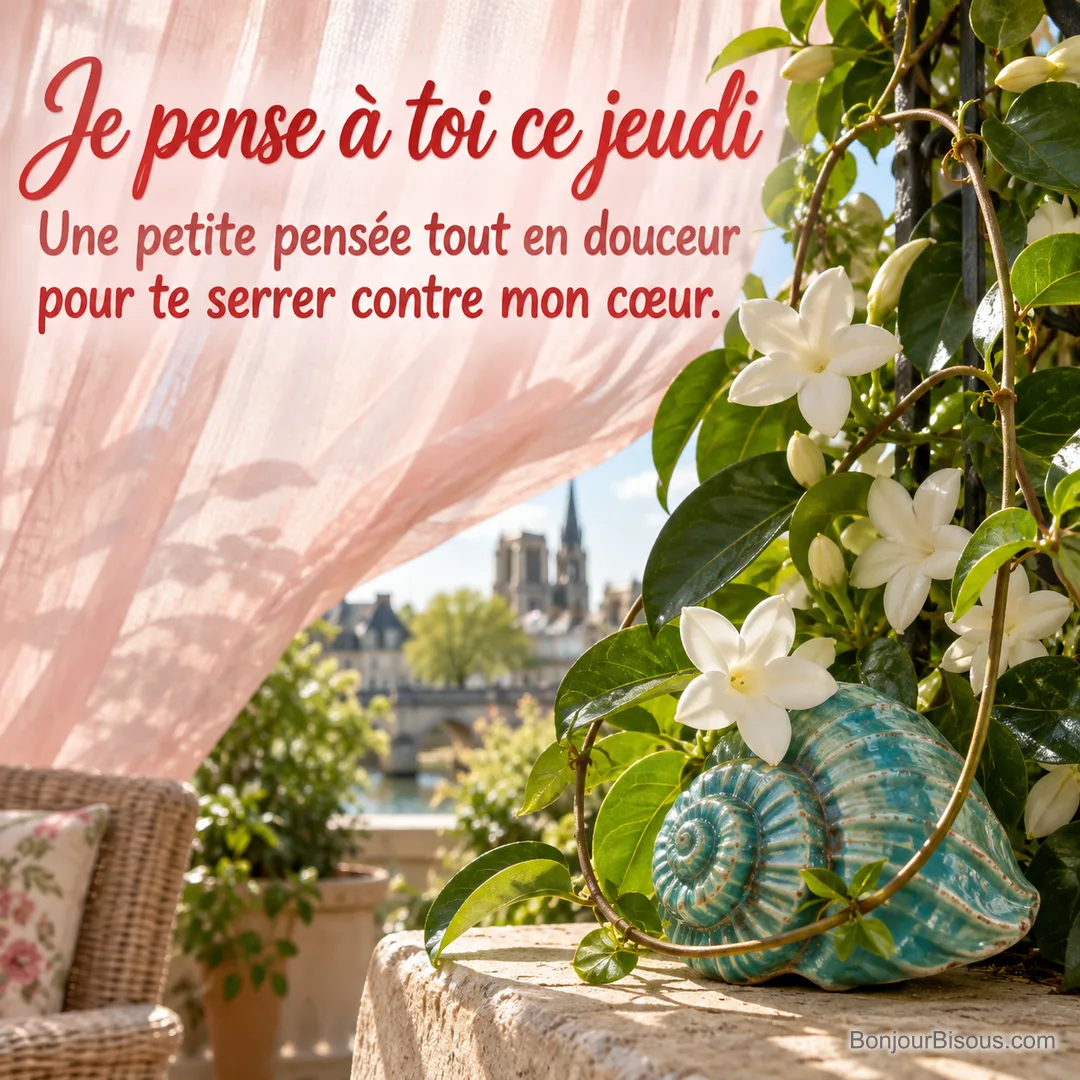 Une vrille de stéphanotis fleuri entoure tendrement une coquille de céramique turquoise, avec le texte « Je pense à toi ce jeudi Une petite pensée tout en douceur pour te serrer contre mon cœur. ». Une vrille de stéphanotis fleuri entoure tendrement une coquille de céramique turquoise, avec le texte « Je pense à toi ce jeudi Une petite pensée tout en douceur pour te serrer contre mon cœur. ».