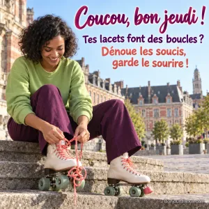Une jeune femme défait un lacet enroulé autour de la roue de son patin sur une esplanade, avec le texte « Coucou, bon jeudi ! Tes lacets font des boucles ? Dénoue les soucis, garde le sourire ! ».
