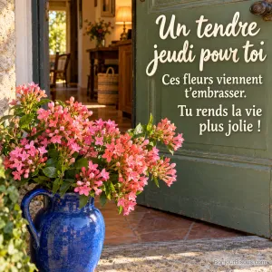Des bouvardias corail et roses débordent d’une cruche bleue au seuil d’une maison, avec le texte « Un tendre jeudi pour toi Ces fleurs viennent t’embrasser. Tu rends la vie plus jolie ! ».