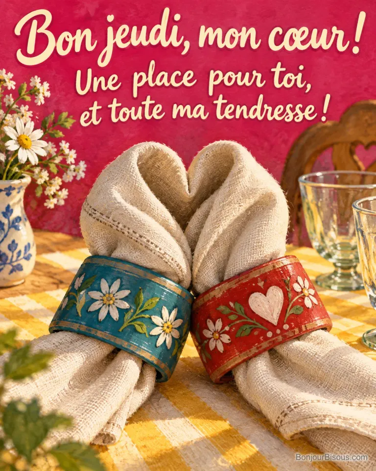Deux ronds de serviette bleu et rouge se touchent sur une table préparée pour accueillir un proche, avec le texte « Bon jeudi, mon cœur ! Une place pour toi, et toute ma tendresse ! ».