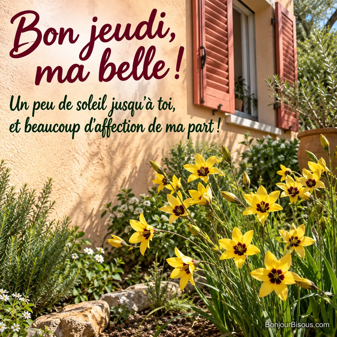 Des ixias jaunes de mai se penchent dans la brise vers une fenêtre aux volets corail d’un jardin toulonnais, avec le texte « Bon jeudi, ma belle ! Un peu de soleil jusqu’à toi, et beaucoup d’affection de ma part ! ».