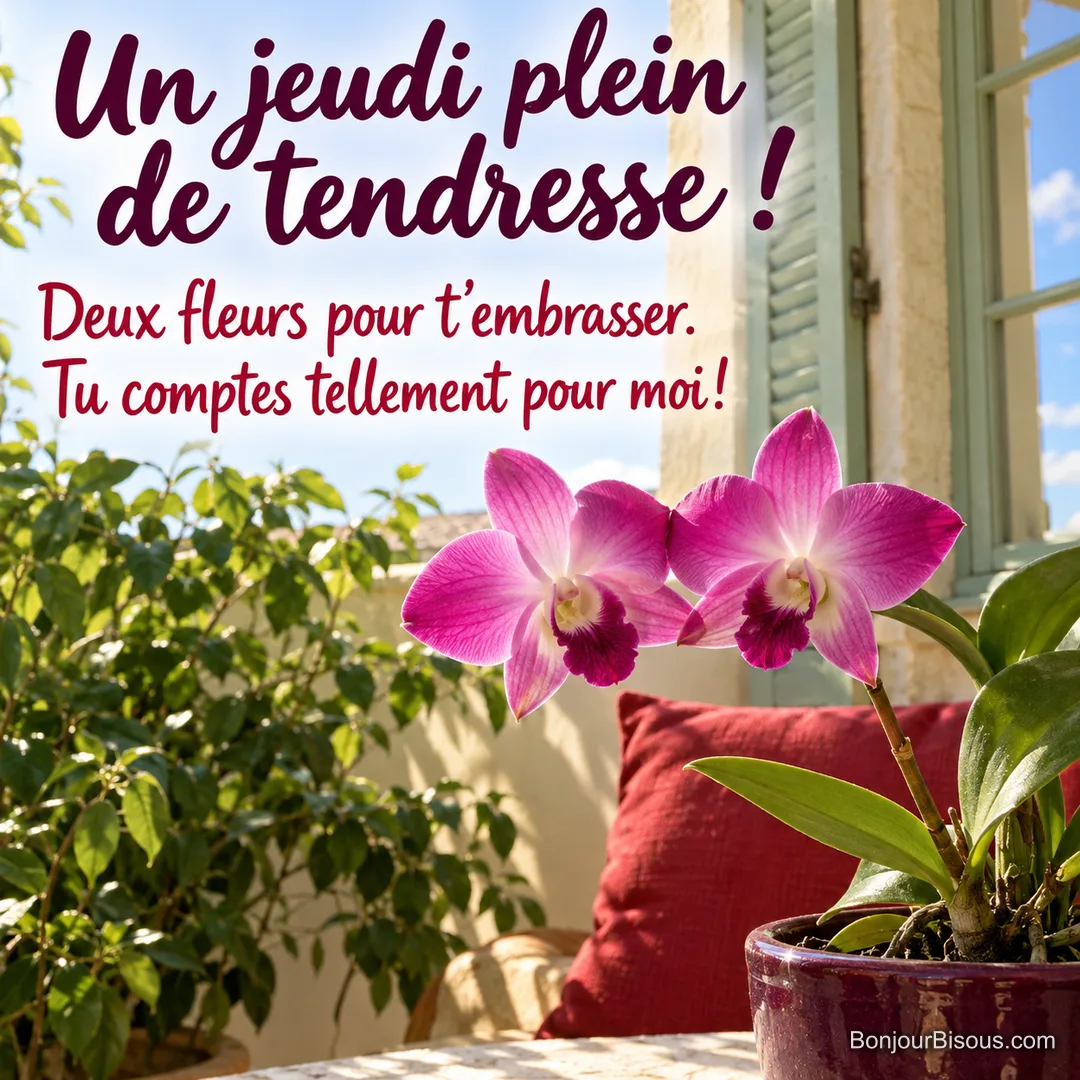 Deux tiges de dendrobium rose se rejoignent comme un baiser devant une fenêtre aux volets verts, avec le texte « Un jeudi plein de tendresse ! Deux fleurs pour t’embrasser. Tu comptes tellement pour moi ! ».