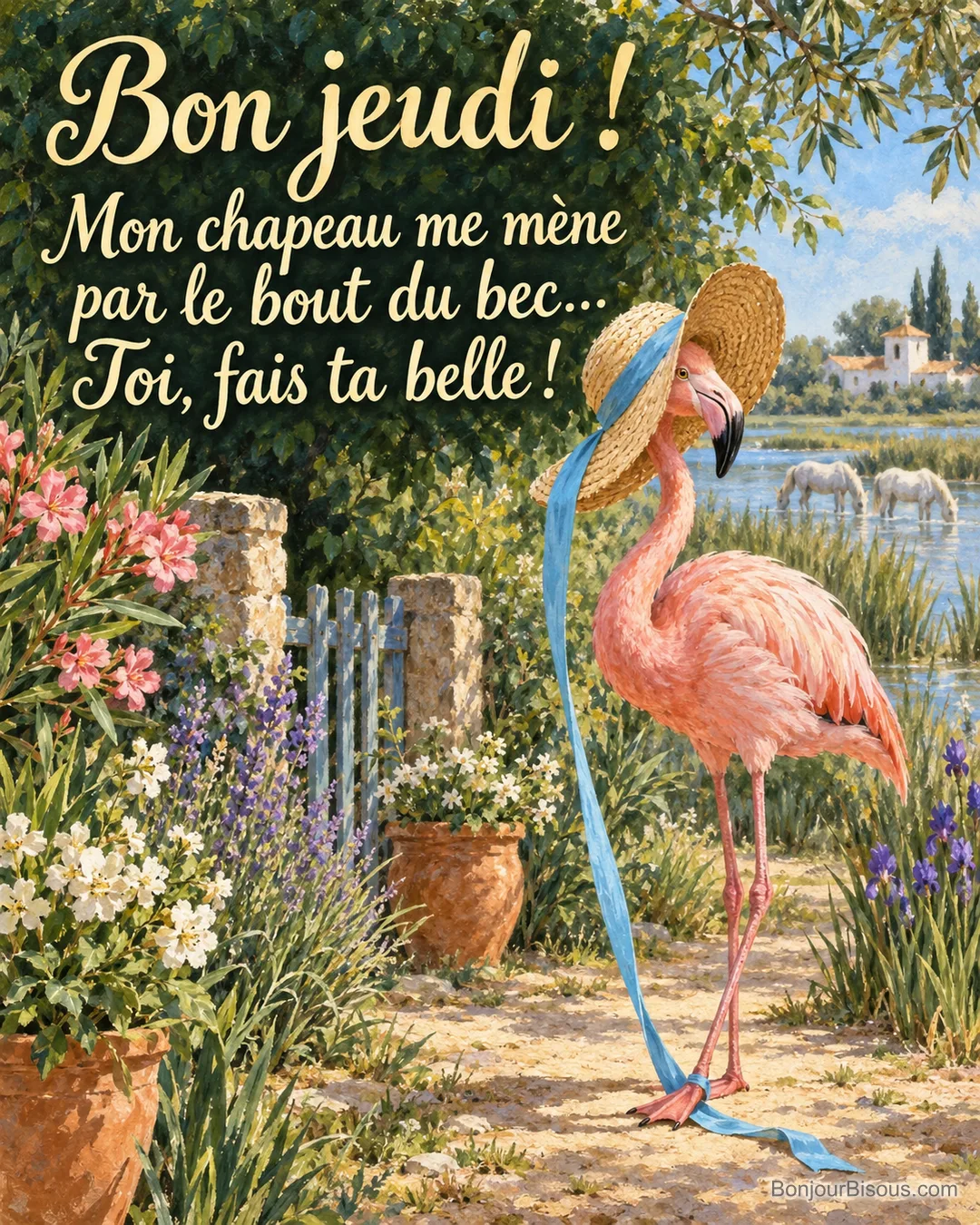 Un flamant rose marche sur le ruban de son chapeau de paille, qui lui tombe de travers sur le bec. Le message est : « Bon jeudi ! Mon chapeau me mène par le bout du bec… Toi, fais ta belle ! ».