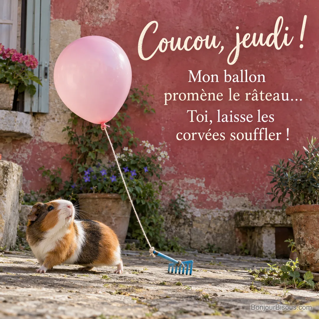 Un cobaye tricolore observe un ballon rose dont la ficelle fait glisser un minuscule râteau bleu. Le message est : « Coucou, jeudi ! Mon ballon promène le râteau… Toi, laisse les corvées souffler ! ». Un cobaye tricolore observe un ballon rose dont la ficelle fait glisser un minuscule râteau bleu. Le message est : « Coucou, jeudi ! Mon ballon promène le râteau… Toi, laisse les corvées souffler ! ».