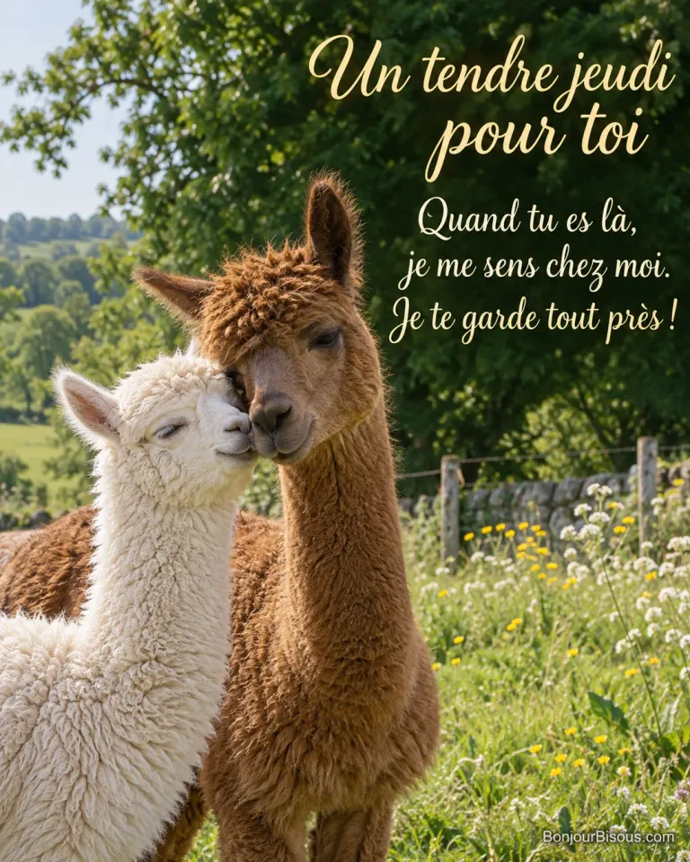 Deux alpagas, l’un blanc et l’autre brun, se frottent doucement la joue dans un pré du Limousin. Le message est : « Un tendre jeudi pour toi Quand tu es là, je me sens chez moi. Je te garde tout près ! ».