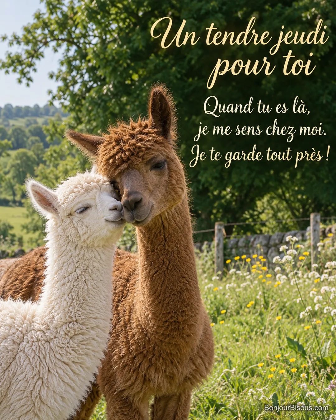 Deux alpagas, l’un blanc et l’autre brun, se frottent doucement la joue dans un pré du Limousin. Le message est : « Un tendre jeudi pour toi Quand tu es là, je me sens chez moi. Je te garde tout près ! ».