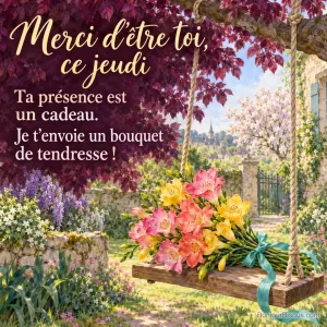 Des alstroémères roses, corail et jaunes offerts avec un ruban turquoise reposent sur une balançoire de bois au printemps. Le message est : « Merci d’être toi, ce jeudi Ta présence est un cadeau. Je t’envoie un bouquet de tendresse ! ».