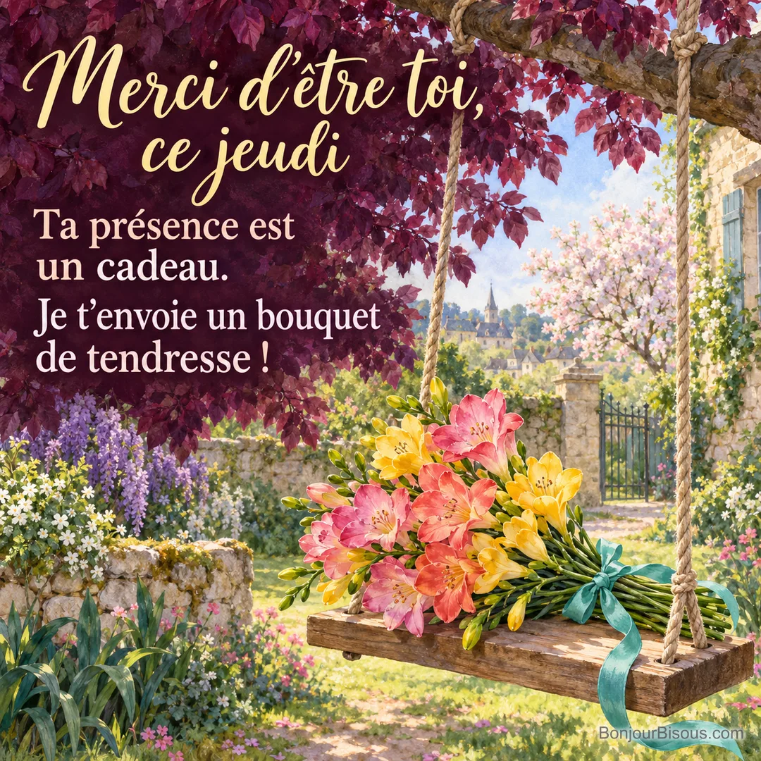 Des alstroémères roses, corail et jaunes offerts avec un ruban turquoise reposent sur une balançoire de bois au printemps. Le message est : « Merci d’être toi, ce jeudi Ta présence est un cadeau. Je t’envoie un bouquet de tendresse ! ». Des alstroémères roses, corail et jaunes offerts avec un ruban turquoise reposent sur une balançoire de bois au printemps. Le message est : « Merci d’être toi, ce jeudi Ta présence est un cadeau. Je t’envoie un bouquet de tendresse ! ».