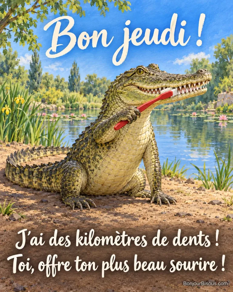 Un petit crocodile brosse la longue rangée de ses dents avec une brosse rouge. Le message est : « Bon jeudi ! J’ai des kilomètres de dents ! Toi, offre ton plus beau sourire ! ».