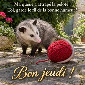 La longue queue d’un opossum a fait une boucle autour d’une pelote de laine rouge. Le message est : « Bon jeudi ! Ma queue a attrapé la pelote ! Toi, garde le fil de la bonne humeur ! ».