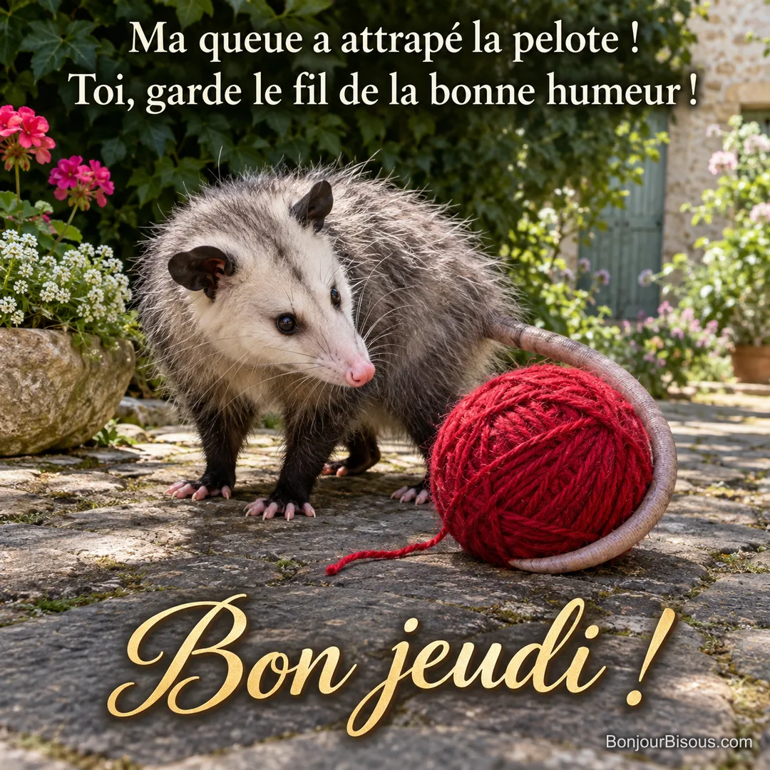 La longue queue d’un opossum a fait une boucle autour d’une pelote de laine rouge. Le message est : « Bon jeudi ! Ma queue a attrapé la pelote ! Toi, garde le fil de la bonne humeur ! ».