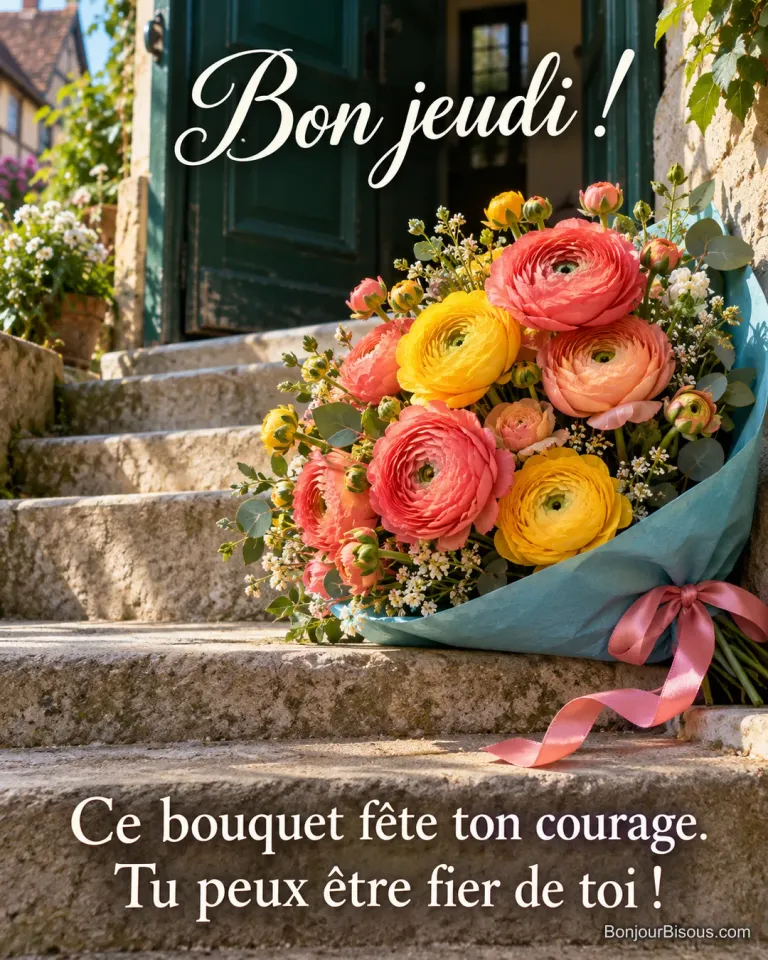 Un bouquet de renoncules corail et jaunes attend sur un escalier pour célébrer un petit pas courageux. Le message est : « Bon jeudi ! Ce bouquet fête ton courage. Tu peux être fier de toi ! ».