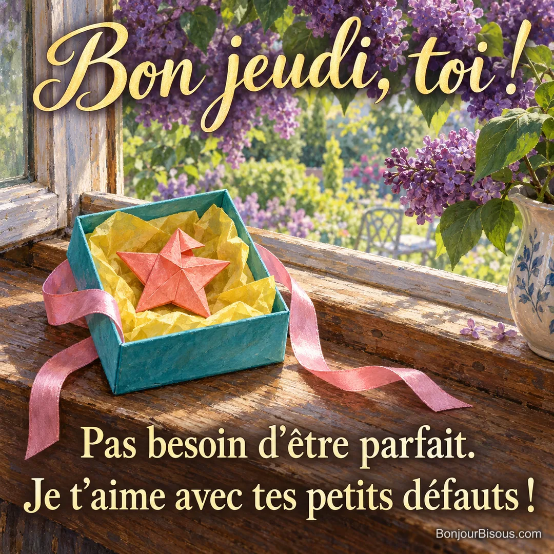 Une étoile de papier un peu de travers est gardée avec soin dans une boîte-cadeau ouverte. Le message est : « Bon jeudi, toi ! Pas besoin d’être parfait. Je t’aime avec tes petits défauts ! ».