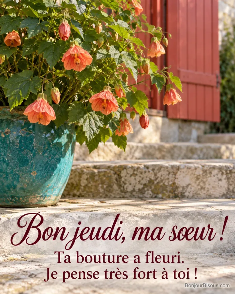 Une bouture d’abutilon offerte par une sœur a fleuri en lanternes corail dans un pot turquoise. Le message est : « Bon jeudi, ma sœur ! Ta bouture a fleuri. Je pense très fort à toi ! ».