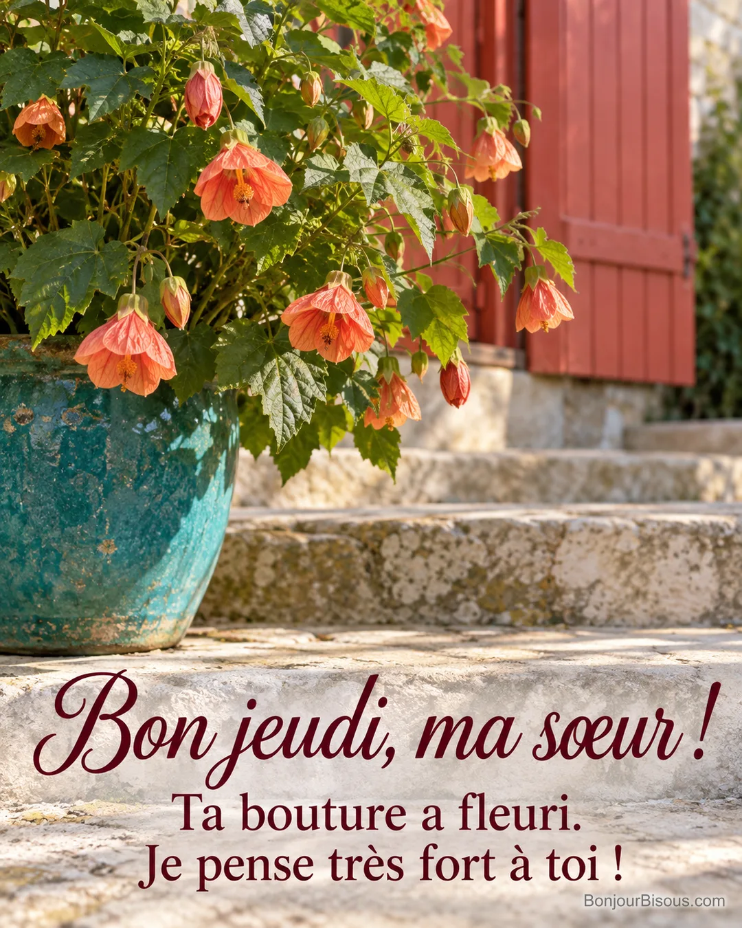 Une bouture d’abutilon offerte par une sœur a fleuri en lanternes corail dans un pot turquoise. Le message est : « Bon jeudi, ma sœur ! Ta bouture a fleuri. Je pense très fort à toi ! ».