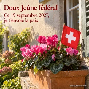 Un petit drapeau suisse carré rouge à croix blanche grecque droite aux bras égaux, net et entier, est posé dans une jardinière de cyclamens roses de septembre devant une maison vaudoise, avec le texte « Doux Jeûne fédéral Ce 19 septembre 2027, je t’envoie la paix. ».