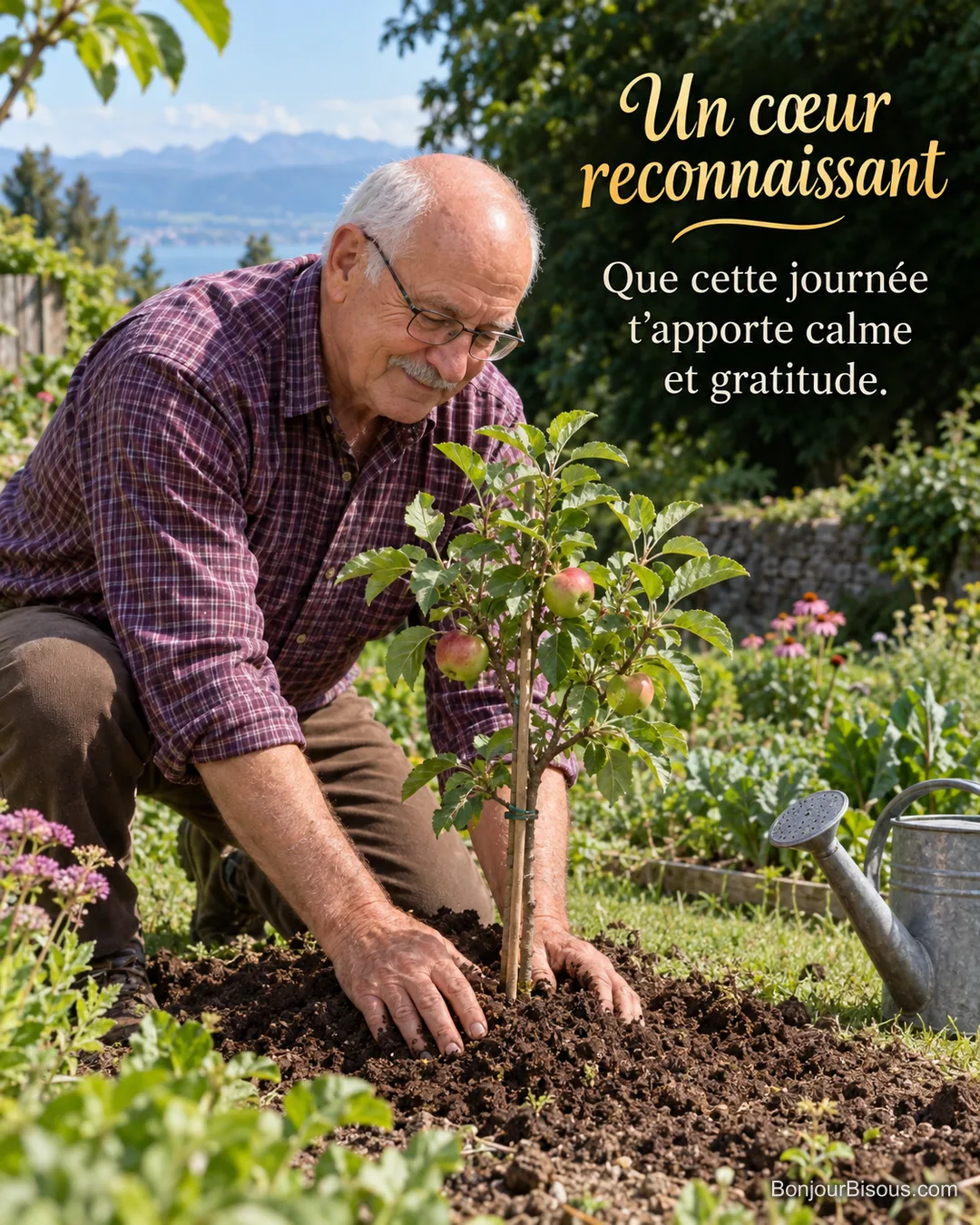 Dans un jardin du canton de Vaud à midi, un homme de 72 ans, grand et charpenté, teint clair ridé, crâne dégarni avec cheveux blancs très courts sur les tempes, moustache grise, lunettes rectangulaires fines, chemise à carreaux prune et pantalon brun, remet de la terre au pied d’un jeune pommier planté pour transmettre la vie, avec le texte « Un cœur reconnaissant Que cette journée t’apporte calme et gratitude. ». Dans un jardin du canton de Vaud à midi, un homme de 72 ans, grand et charpenté, teint clair ridé, crâne dégarni avec cheveux blancs très courts sur les tempes, moustache grise, lunettes rectangulaires fines, chemise à carreaux prune et pantalon brun, remet de la terre au pied d’un jeune pommier planté pour transmettre la vie, avec le texte « Un cœur reconnaissant Que cette journée t’apporte calme et gratitude. ».