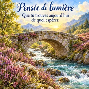 Aquarelle lumineuse d’un pont de pierre traversant un ruisseau suisse avec deux rives fleuries de bruyère de septembre, un arc de soleil chaud sur le pont symbolise le lien, avec le texte « Pensée de lumière Que tu trouves aujourd’hui de quoi espérer. ».