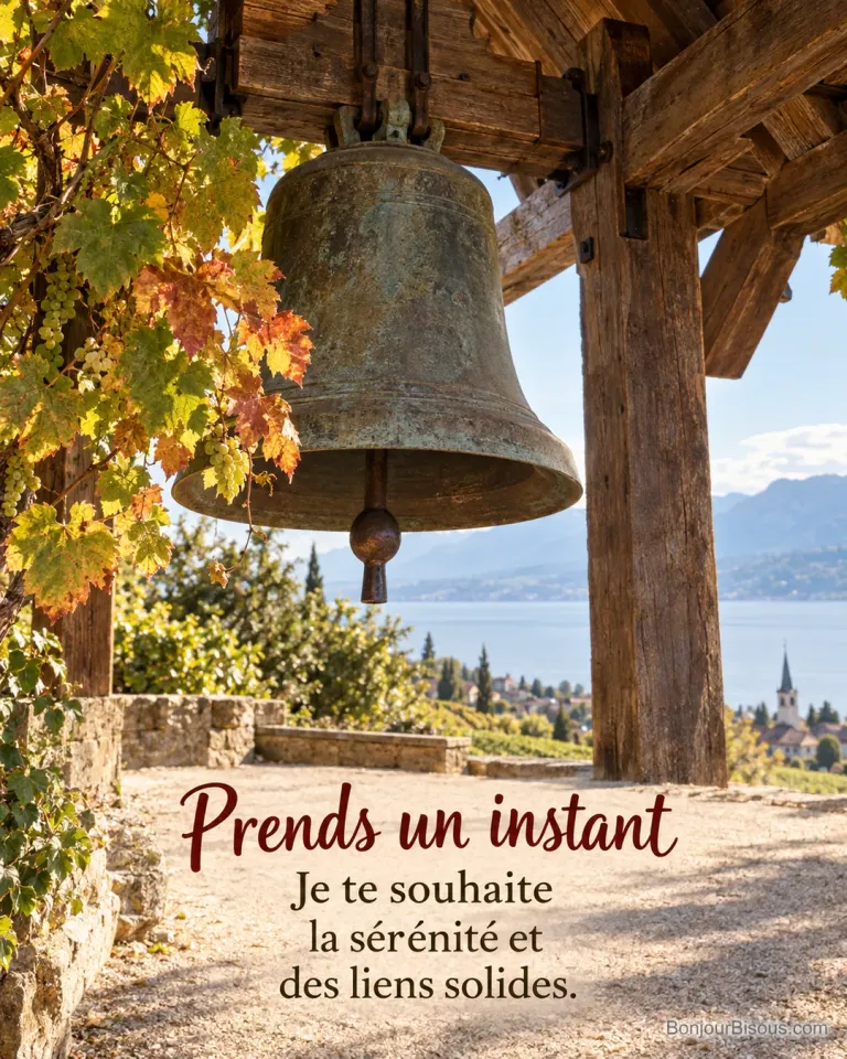 Une grande cloche de temple suisse à l’arrêt, en bronze patiné, vue de près sous une charpente ouverte, avec une branche de vigne aux feuilles de septembre et lumière dorée, avec le texte « Prends un instant Je te souhaite la sérénité et des liens solides. ».