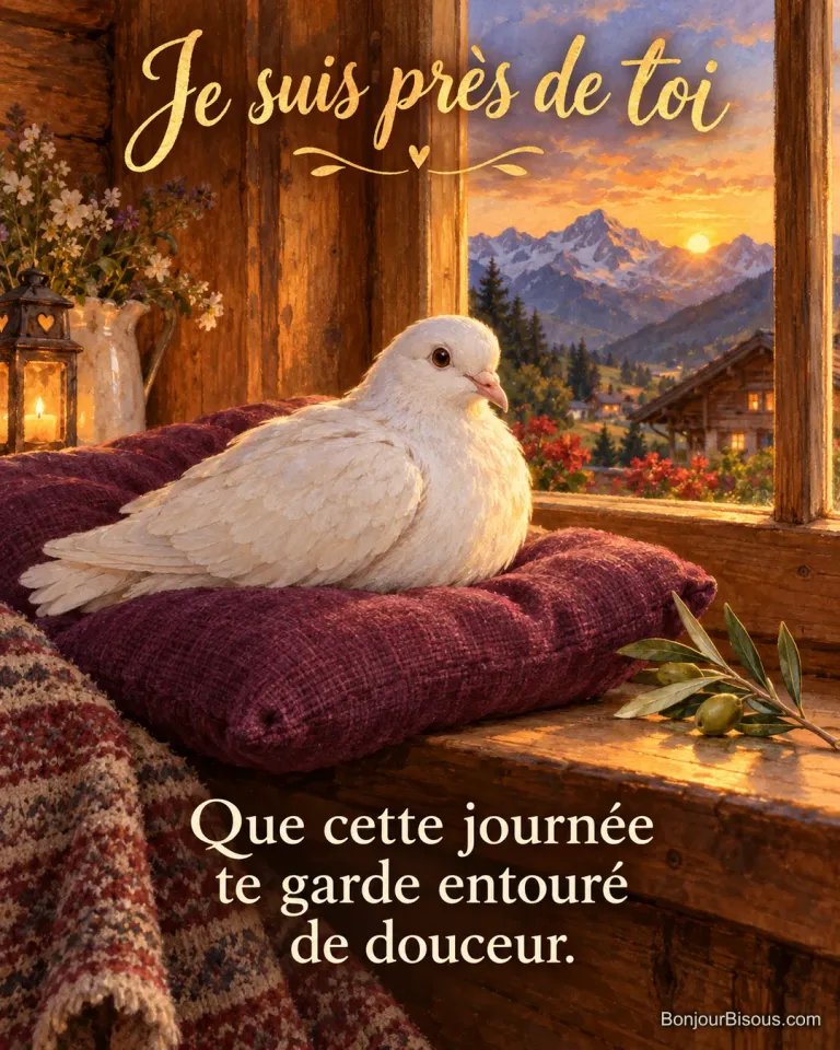 Illustration tendre d’un coussin de lin couleur prune soutenant une colombe blanche paisible aux ailes pliées près d’une fenêtre de chalet suisse ; une petite branche d’olivier naturelle sur l’appui, avec le texte « Je suis près de toi Que cette journée te garde entouré de douceur. ».